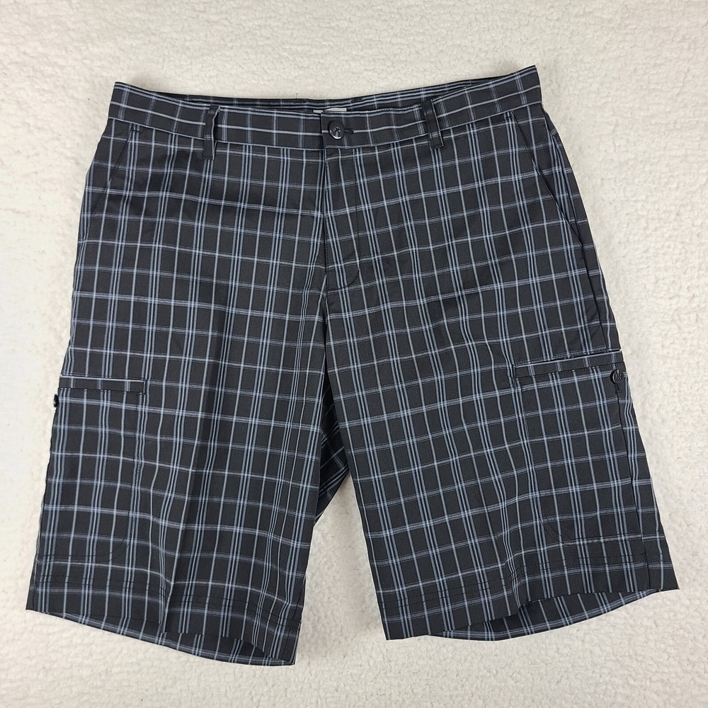 Adidas Shorts Mens 34‎ Black Blue Plaid 11" Inseam Casual Performance Golf Cargo